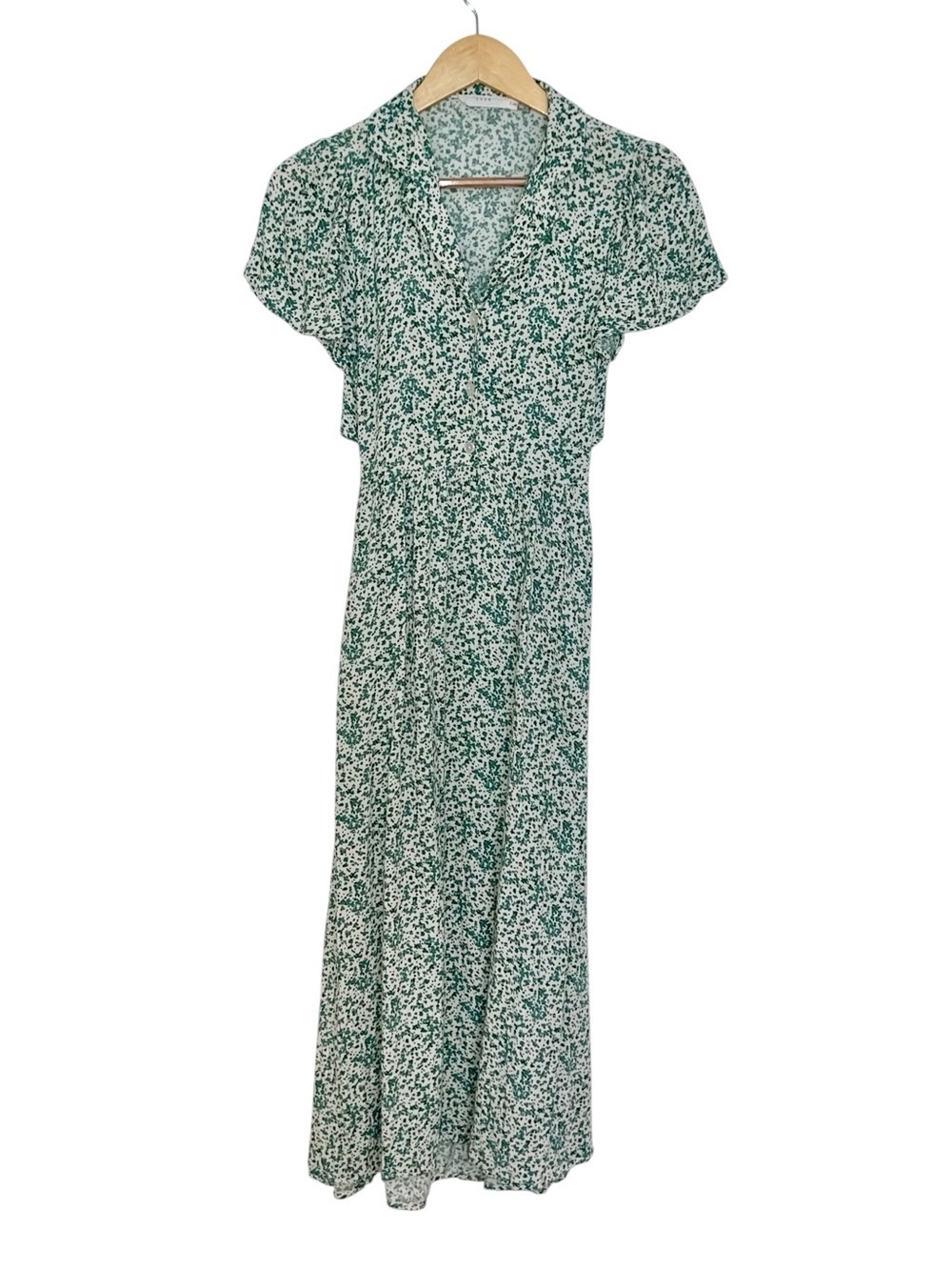 LUSH Ditsy Floral Open Back Flutter Sleeve Midi Dress Green & White